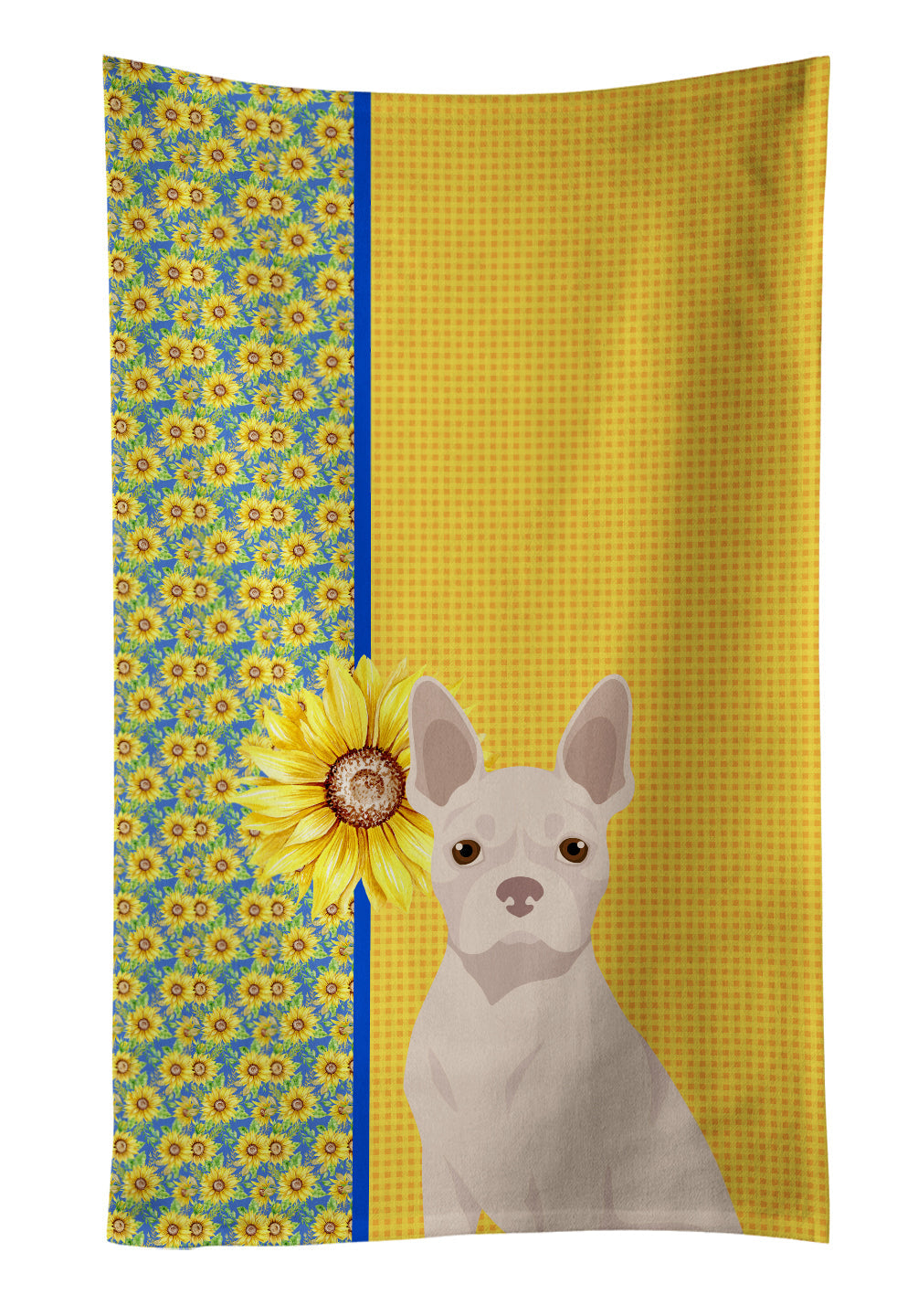 Summer Sunflowers White Boston Terrier Kitchen Towel Velour Plush Front and Cotton Loop Back Machine Washable