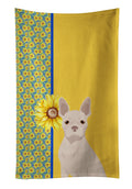 Summer Sunflowers White Boston Terrier Kitchen Towel Velour Plush Front and Cotton Loop Back Machine Washable