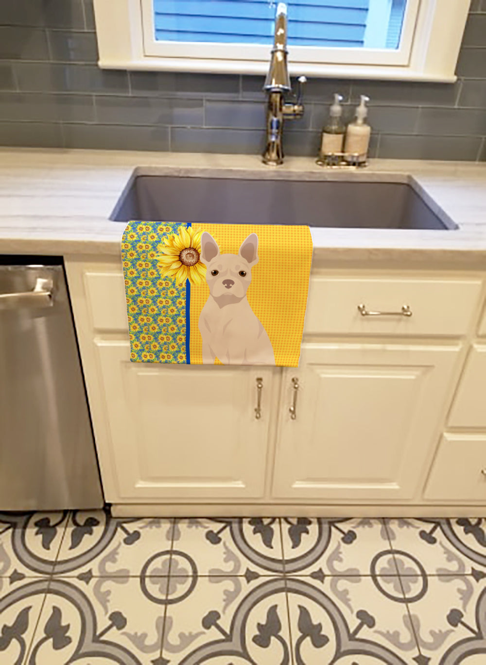 Summer Sunflowers White Boston Terrier Kitchen Towel Velour Plush Front and Cotton Loop Back Machine Washable