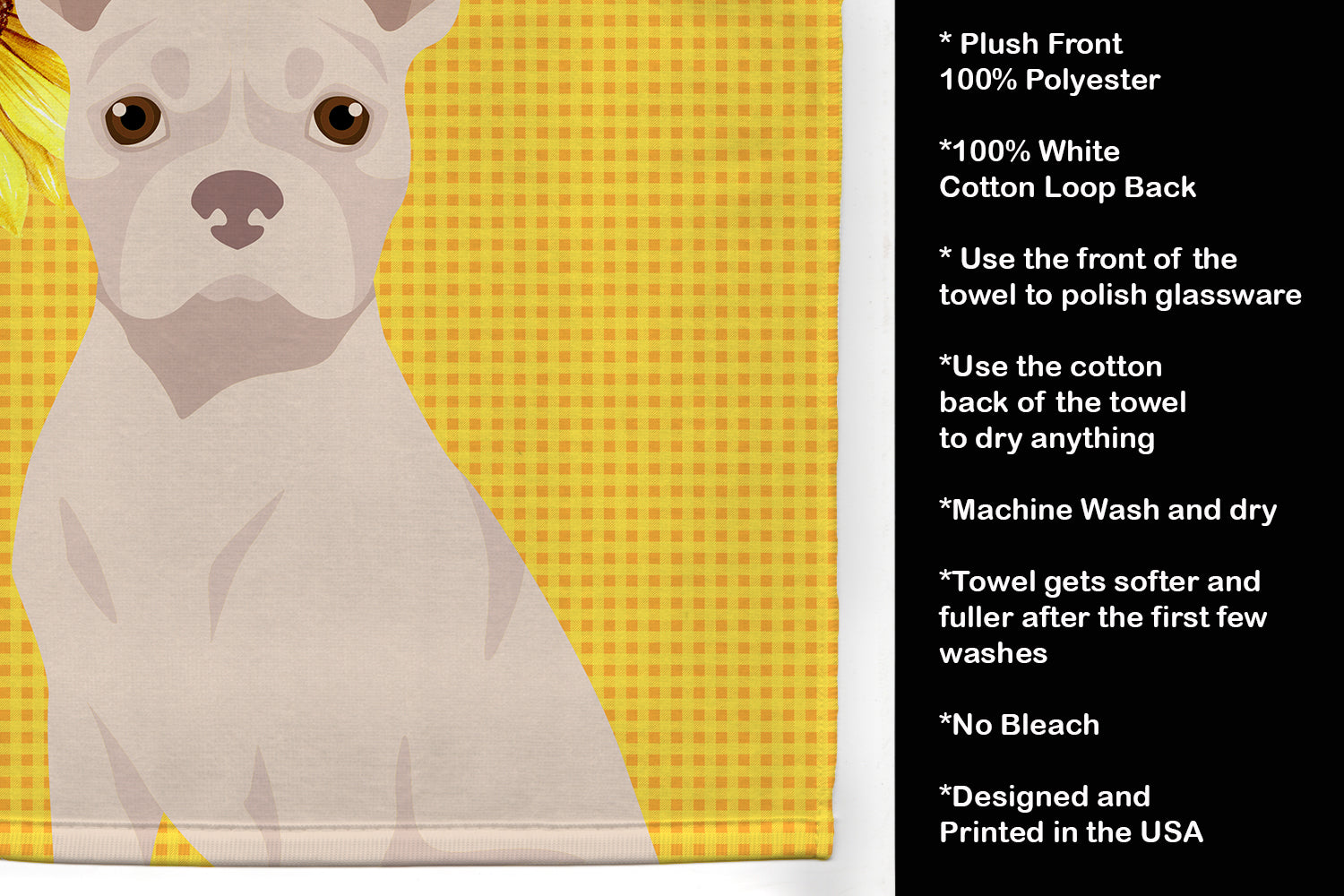 Summer Sunflowers White Boston Terrier Kitchen Towel Velour Plush Front and Cotton Loop Back Machine Washable