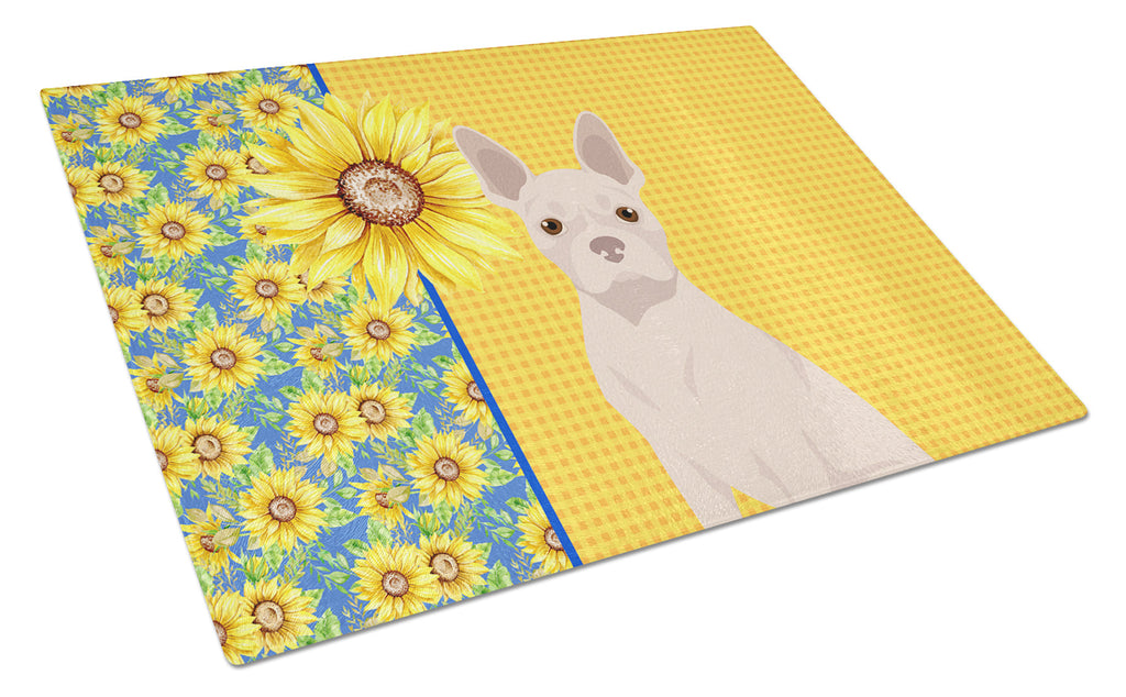 Summer Sunflowers White Boston Terrier Cutting Board Tempered Glass Kitchen Cutting Surface, Heat Resistant Chopping, Non-Slip Feet, Food Prep & Serving