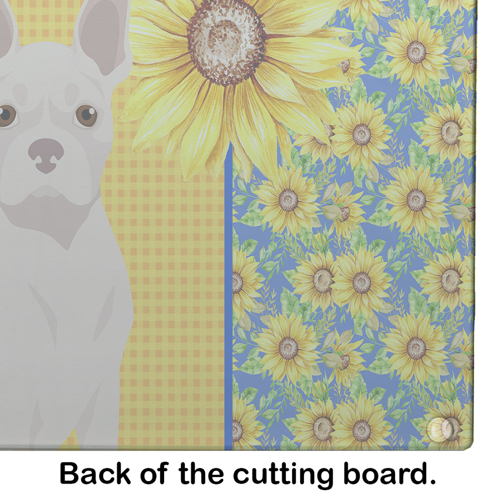 Summer Sunflowers White Boston Terrier Cutting Board Tempered Glass Kitchen Cutting Surface, Heat Resistant Chopping, Non-Slip Feet, Food Prep & Serving
