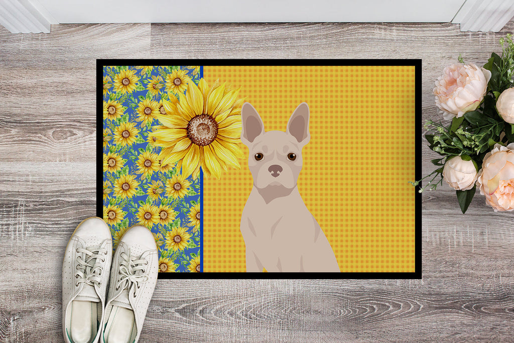 Summer Sunflowers White Boston Terrier Doormat Indoor Outdoor 18H X 27W Front Door Mat Rugs for Entryway, Non Slip Washable