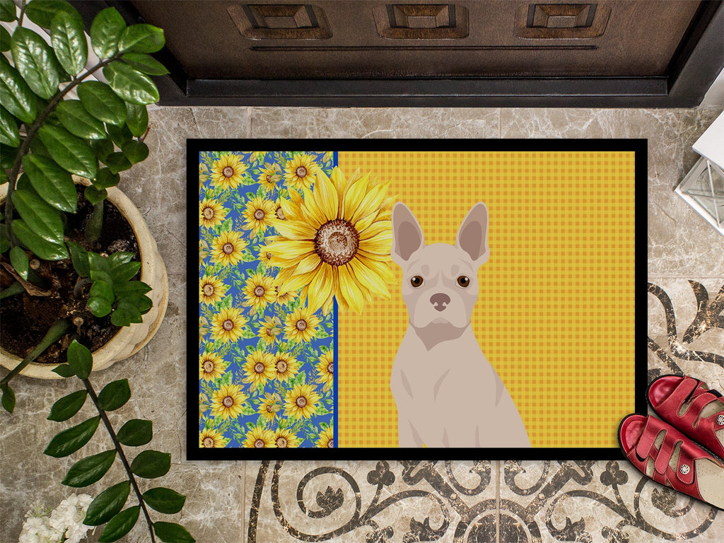 Summer Sunflowers White Boston Terrier Doormat Indoor Outdoor 18H X 27W Front Door Mat Rugs for Entryway, Non Slip Washable
