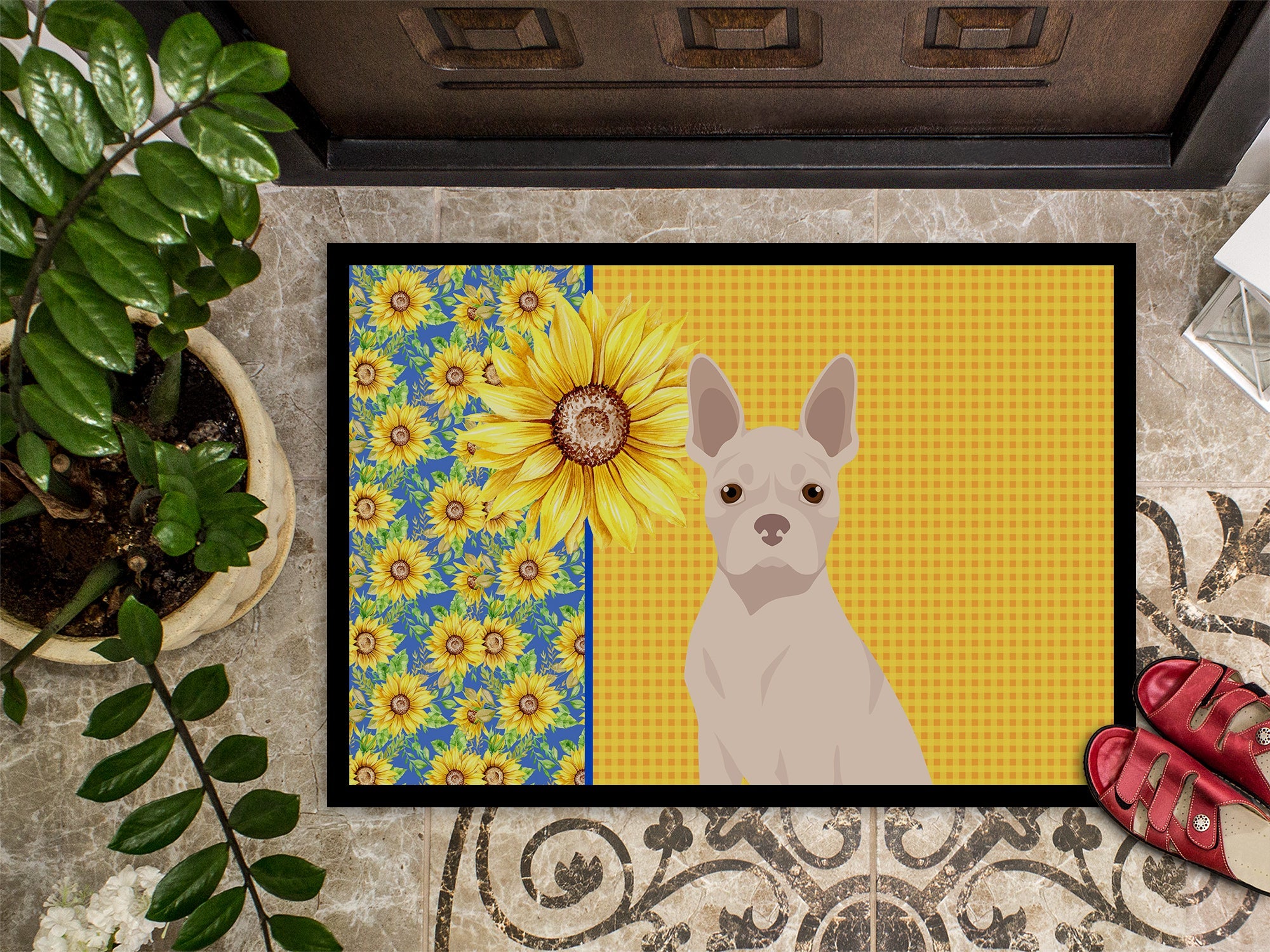 Summer Sunflowers White Boston Terrier Doormat Indoor Outdoor 18H X 27W Front Door Mat Rugs for Entryway, Non Slip Washable