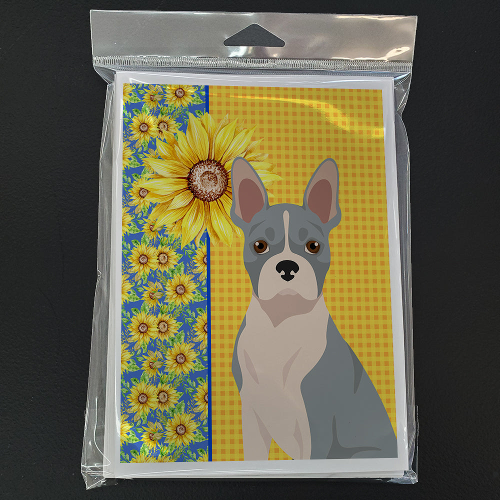 Summer Sunflowers Blue Boston Terrier Greeting Cards Pack of 8 Blank Cards with Envelopes Whimsical A7 Size 5x7