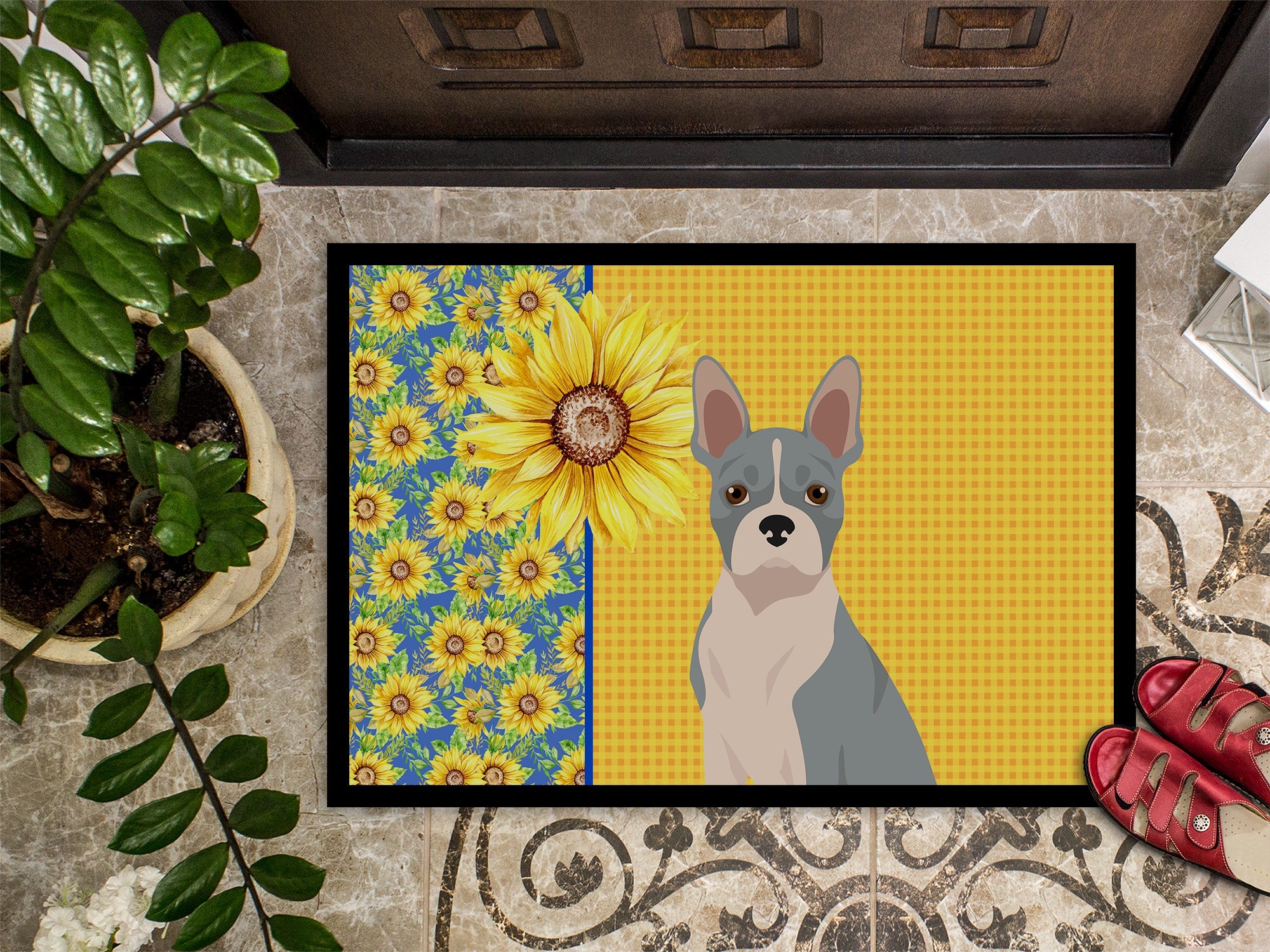 Summer Sunflowers Blue Boston Terrier Doormat Indoor Outdoor 24H X 36W Front Door Mat Rugs for Entryway, Non Slip Washable Low Pile,