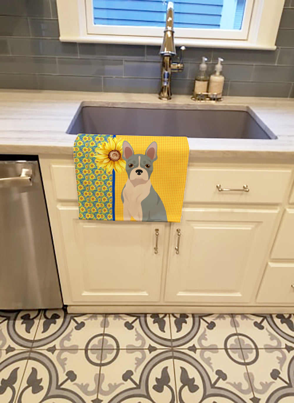 Summer Sunflowers Blue Boston Terrier Kitchen Towel Velour Plush Front and Cotton Loop Back Machine Washable