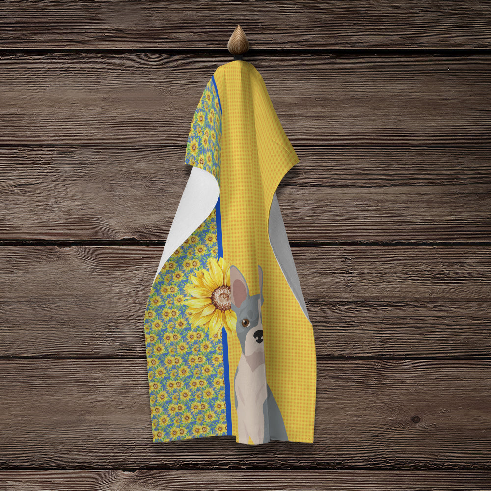 Summer Sunflowers Blue Boston Terrier Kitchen Towel Velour Plush Front and Cotton Loop Back Machine Washable
