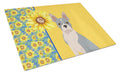 Summer Sunflowers Blue Boston Terrier Cutting Board Tempered Glass Kitchen Cutting Surface, Heat Resistant Chopping, Non-Slip Feet, Food Prep & Serving