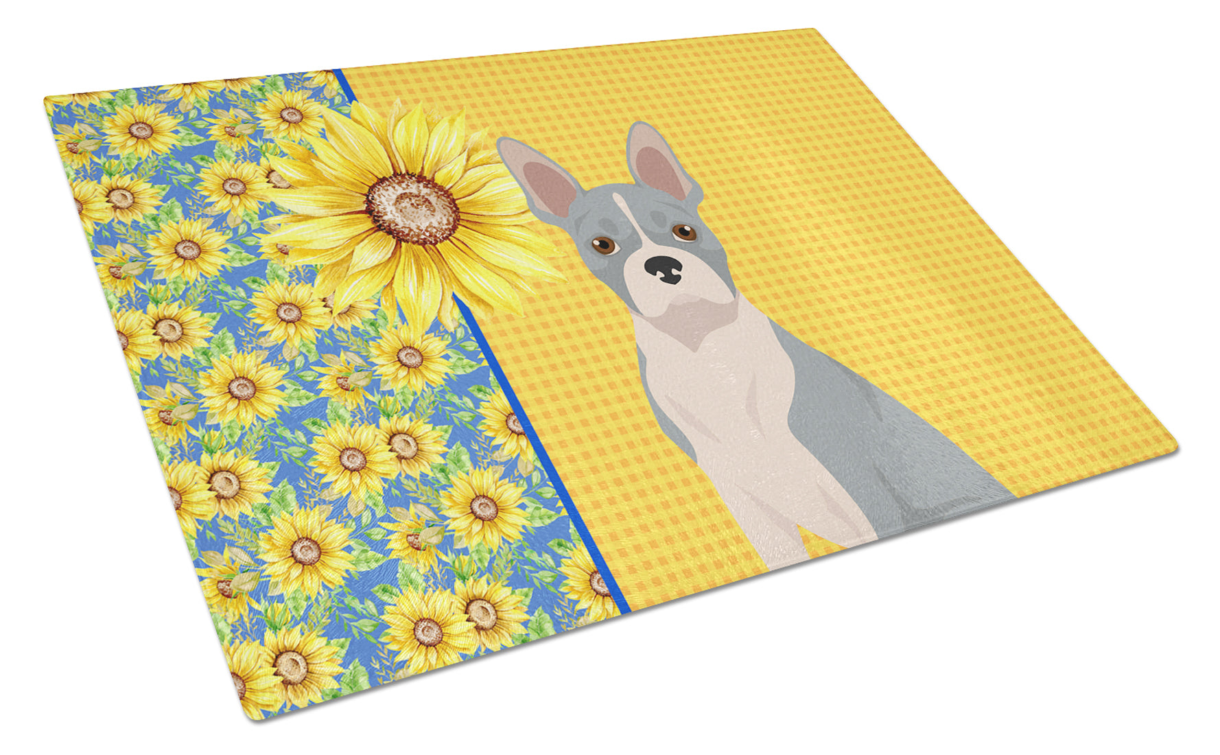 Summer Sunflowers Blue Boston Terrier Cutting Board Tempered Glass Kitchen Cutting Surface, Heat Resistant Chopping, Non-Slip Feet, Food Prep & Serving