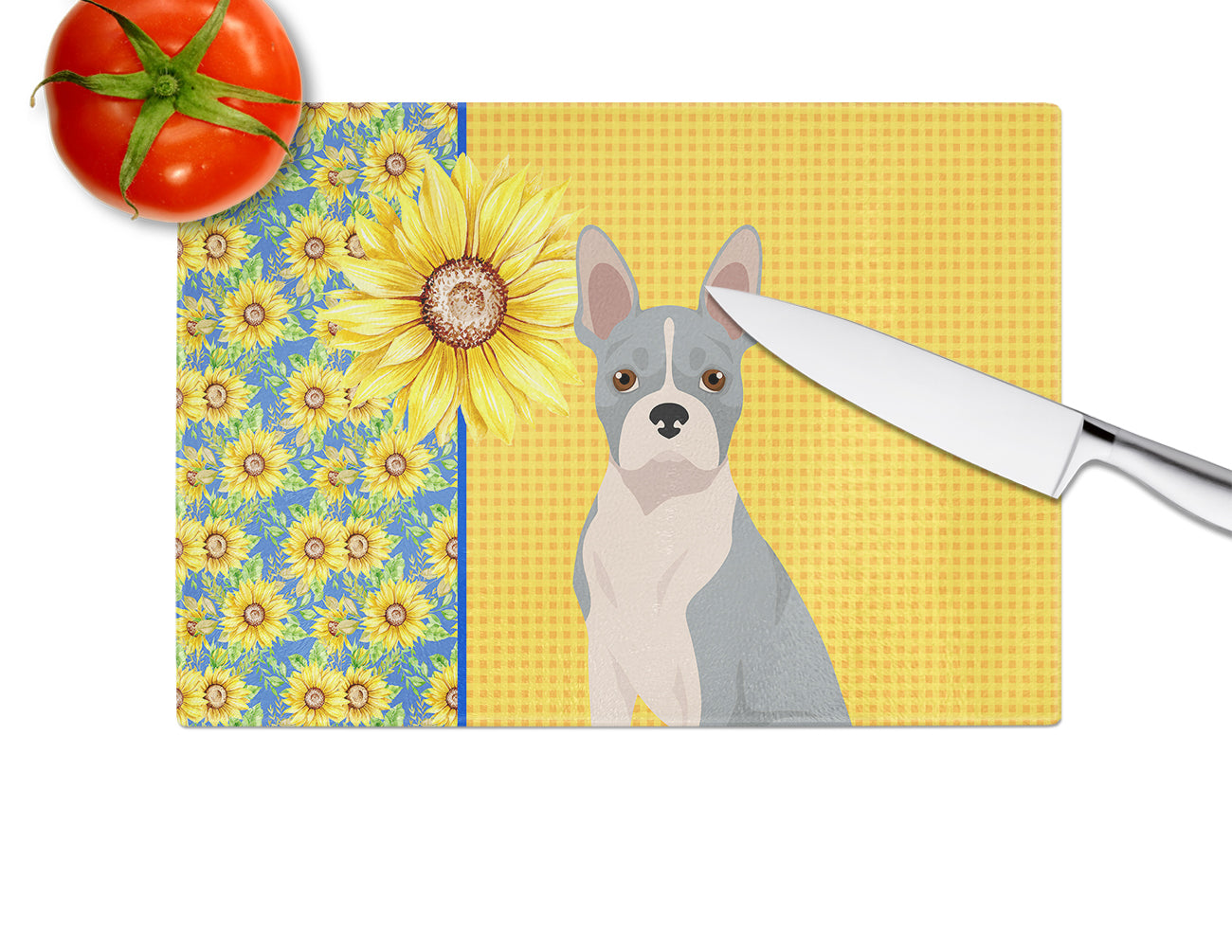 Summer Sunflowers Blue Boston Terrier Cutting Board Tempered Glass Kitchen Cutting Surface, Heat Resistant Chopping, Non-Slip Feet, Food Prep & Serving