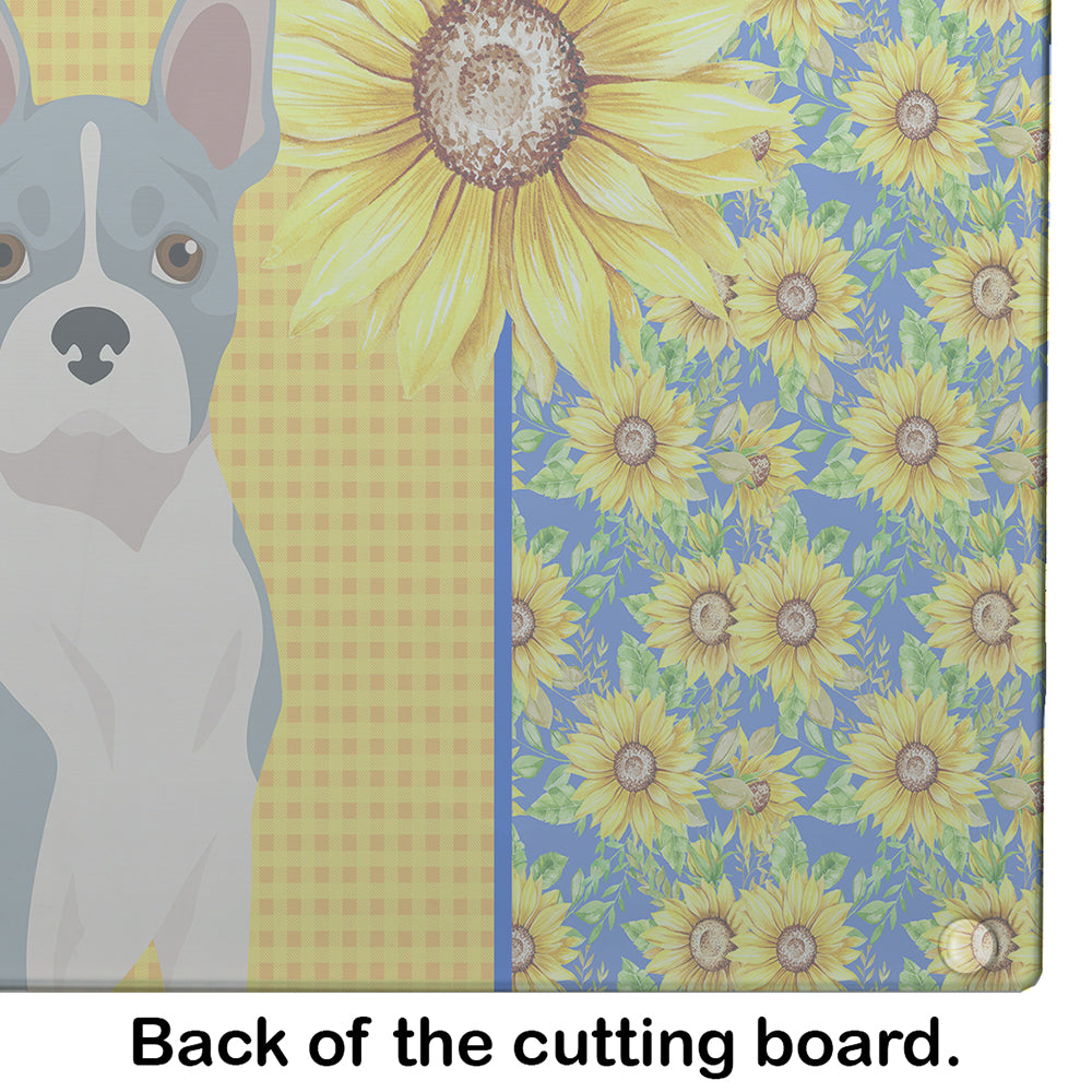 Summer Sunflowers Blue Boston Terrier Cutting Board Tempered Glass Kitchen Cutting Surface, Heat Resistant Chopping, Non-Slip Feet, Food Prep & Serving