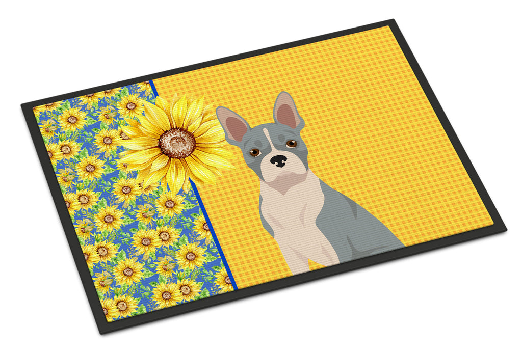 Summer Sunflowers Blue Boston Terrier Doormat Indoor Outdoor 18H X 27W Front Door Mat Rugs for Entryway, Non Slip Washable