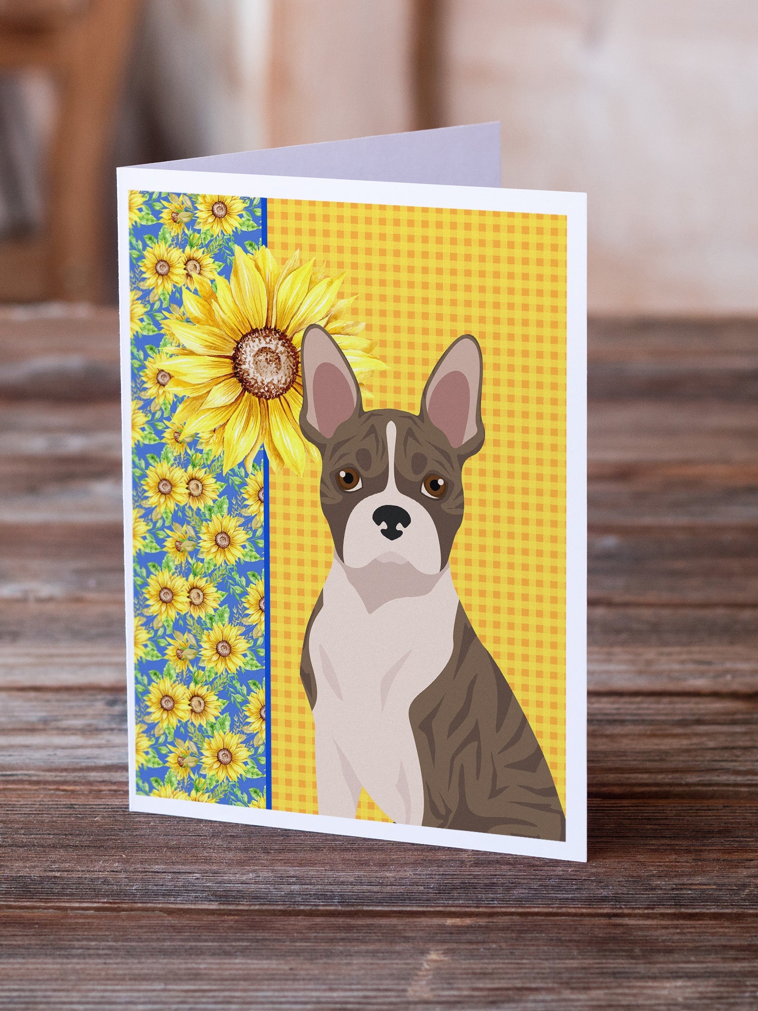 Summer Sunflowers Brindle Boston Terrier Greeting Cards Pack of 8 Blank Cards with Envelopes Whimsical A7 Size 5x7