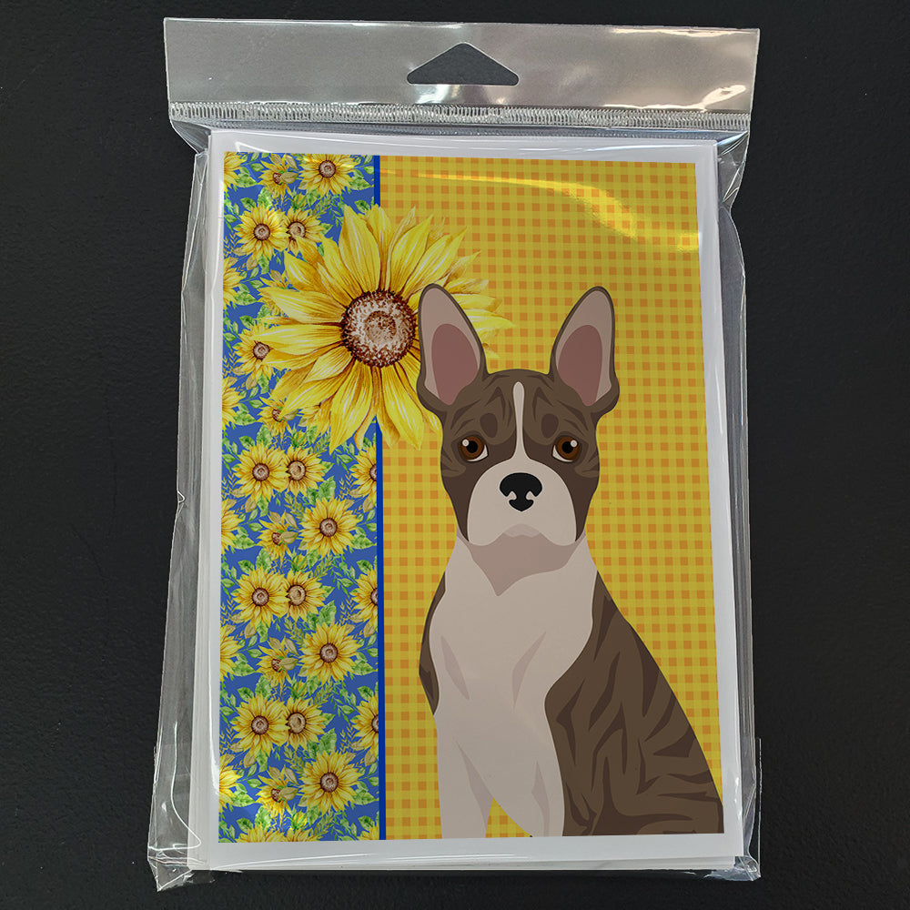 Summer Sunflowers Brindle Boston Terrier Greeting Cards Pack of 8 Blank Cards with Envelopes Whimsical A7 Size 5x7