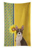 Summer Sunflowers Brindle Boston Terrier Kitchen Towel Velour Plush Front and Cotton Loop Back Machine Washable