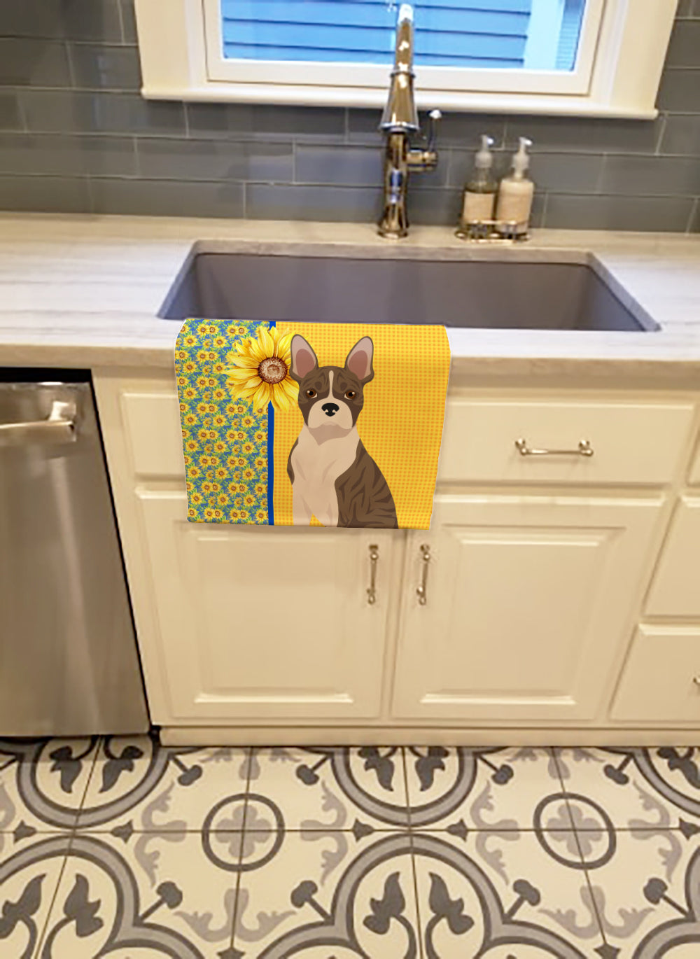 Summer Sunflowers Brindle Boston Terrier Kitchen Towel Velour Plush Front and Cotton Loop Back Machine Washable