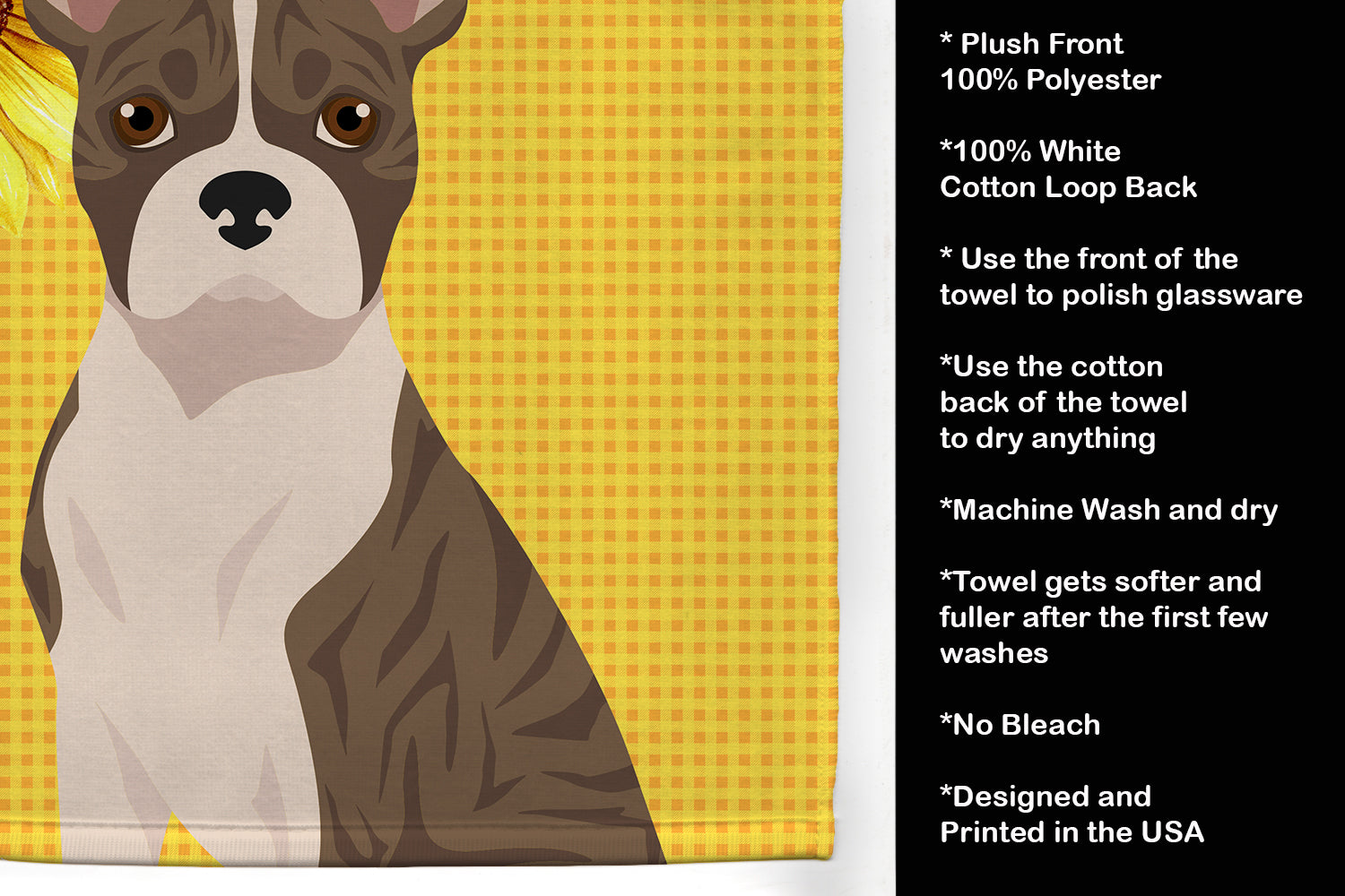 Summer Sunflowers Brindle Boston Terrier Kitchen Towel Velour Plush Front and Cotton Loop Back Machine Washable