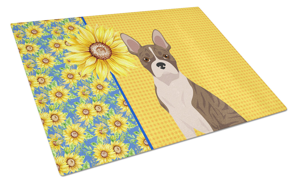 Summer Sunflowers Brindle Boston Terrier Cutting Board Tempered Glass Kitchen Cutting Surface, Heat Resistant Chopping, Non-Slip Feet, Food Prep & Serving