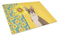 Summer Sunflowers Brindle Boston Terrier Cutting Board Tempered Glass Kitchen Cutting Surface, Heat Resistant Chopping, Non-Slip Feet, Food Prep & Serving