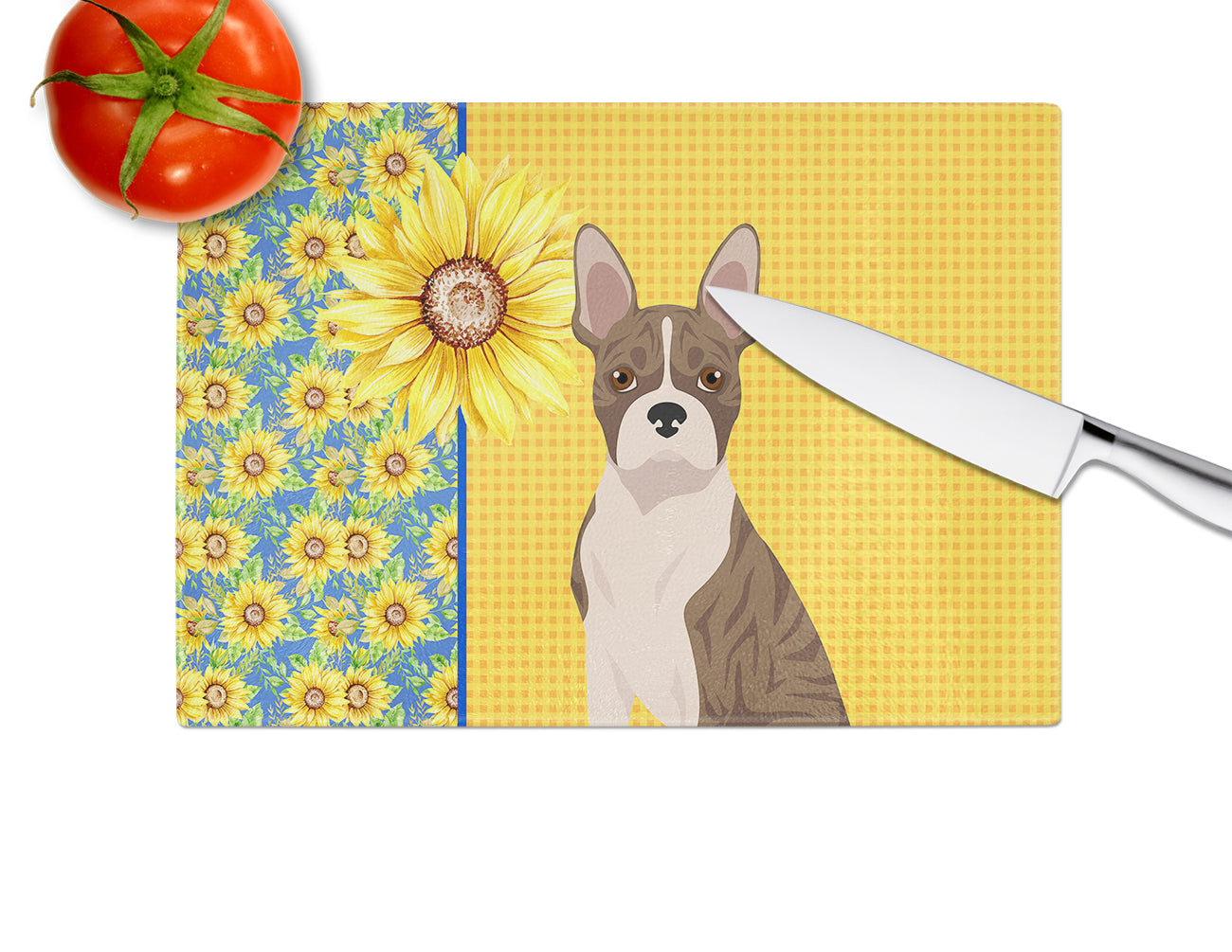 Summer Sunflowers Brindle Boston Terrier Cutting Board Tempered Glass Kitchen Cutting Surface, Heat Resistant Chopping, Non-Slip Feet, Food Prep & Serving