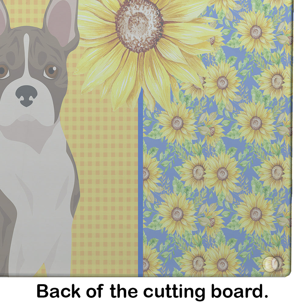 Summer Sunflowers Brindle Boston Terrier Cutting Board Tempered Glass Kitchen Cutting Surface, Heat Resistant Chopping, Non-Slip Feet, Food Prep & Serving
