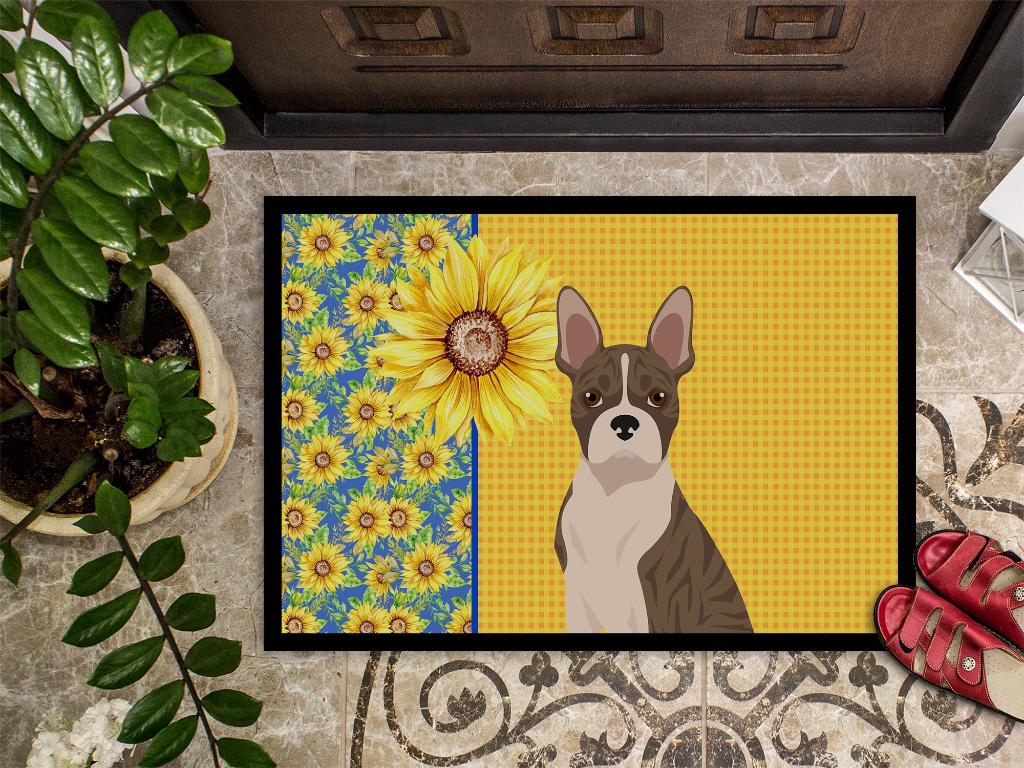 Summer Sunflowers Brindle Boston Terrier Doormat Indoor Outdoor 18H X 27W Front Door Mat Rugs for Entryway, Non Slip Washable