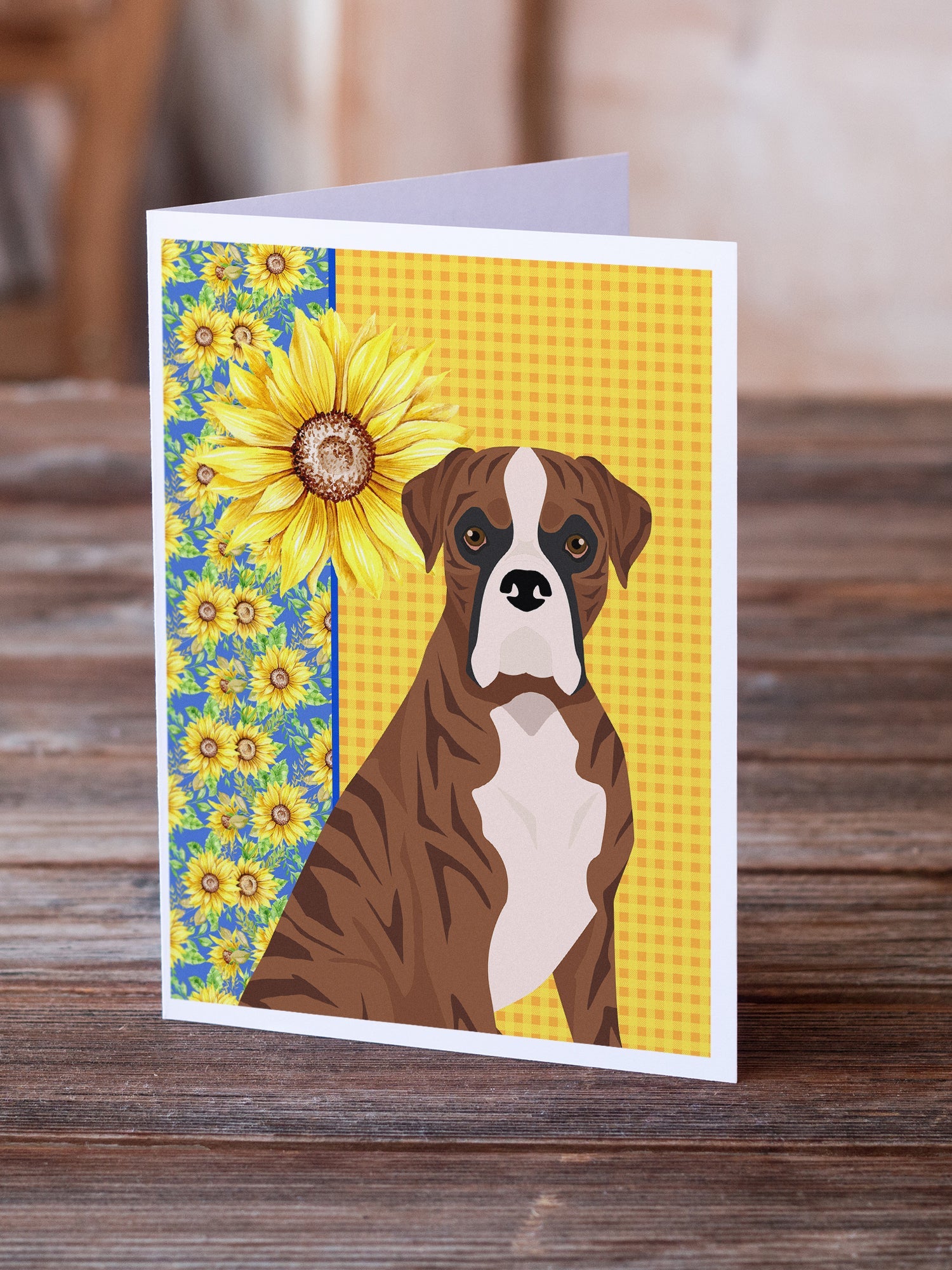 Summer Sunflowers Natural Eared Red Brindle Boxer Greeting Cards Pack of 8 Blank Cards with Envelopes Whimsical A7 Size 5x7