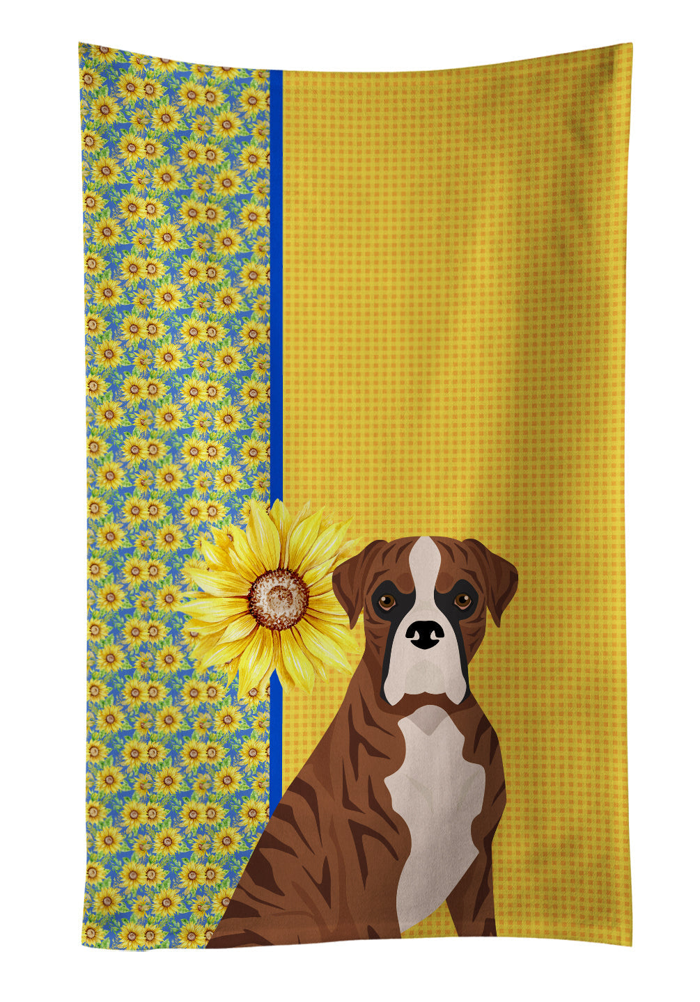 Summer Sunflowers Natural Eared Red Brindle Boxer Kitchen Towel Velour Plush Front and Cotton Loop Back Machine Washable