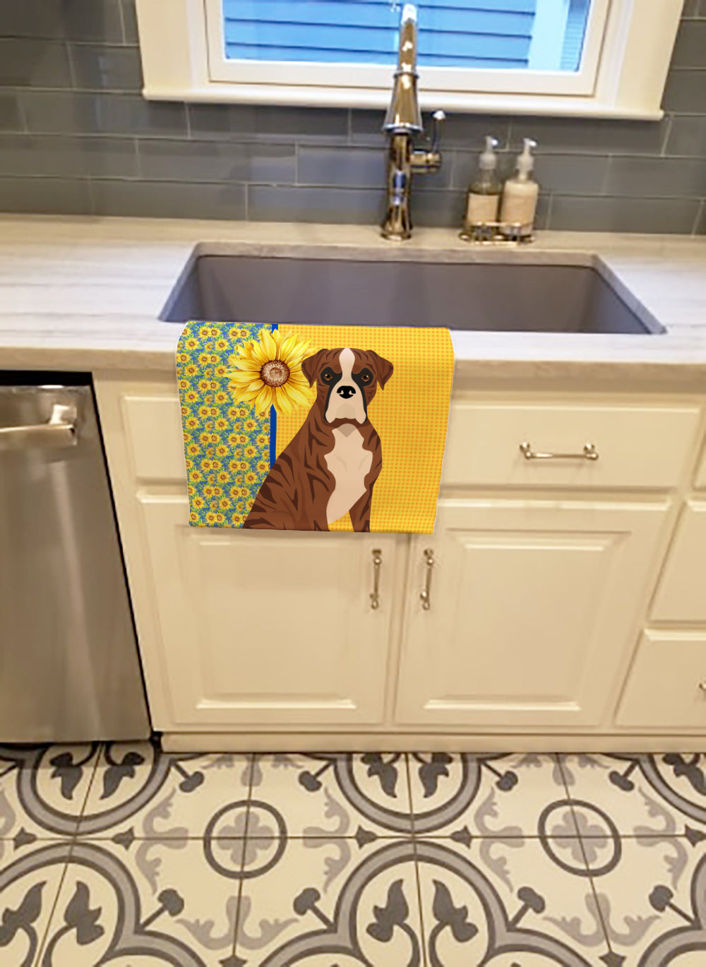 Summer Sunflowers Natural Eared Red Brindle Boxer Kitchen Towel Velour Plush Front and Cotton Loop Back Machine Washable