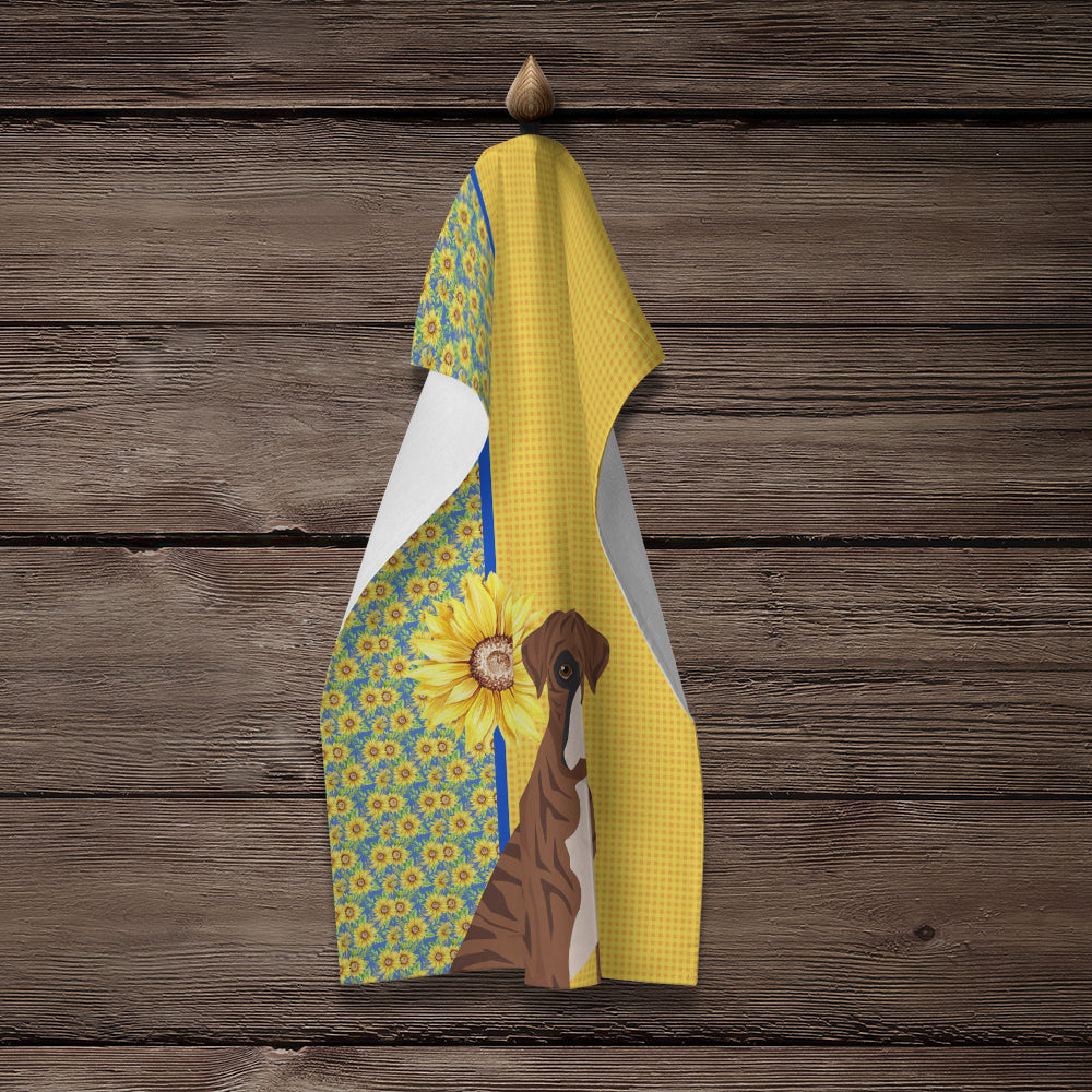 Summer Sunflowers Natural Eared Red Brindle Boxer Kitchen Towel Velour Plush Front and Cotton Loop Back Machine Washable
