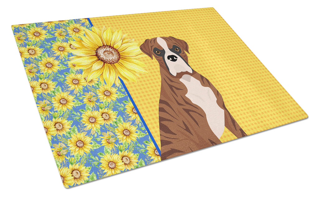 Summer Sunflowers Natural Eared Red Brindle Boxer Cutting Board Tempered Glass Kitchen Cutting Surface, Heat Resistant Chopping, Non-Slip Feet, Food Prep & Serving
