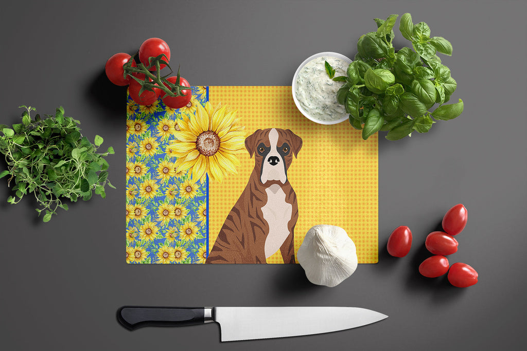 Summer Sunflowers Natural Eared Red Brindle Boxer Cutting Board Tempered Glass Kitchen Cutting Surface, Heat Resistant Chopping, Non-Slip Feet, Food Prep & Serving