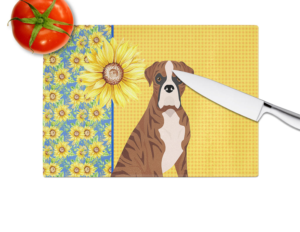 Summer Sunflowers Natural Eared Red Brindle Boxer Cutting Board Tempered Glass Kitchen Cutting Surface, Heat Resistant Chopping, Non-Slip Feet, Food Prep & Serving
