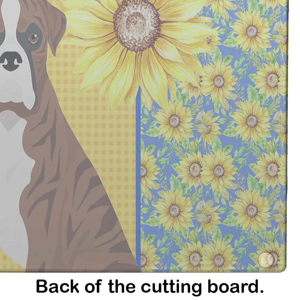 Summer Sunflowers Natural Eared Red Brindle Boxer Cutting Board Tempered Glass Kitchen Cutting Surface, Heat Resistant Chopping, Non-Slip Feet, Food Prep & Serving