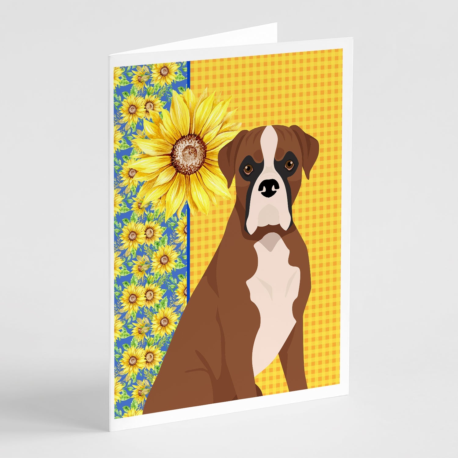 Summer Sunflowers Natural Eared Red Fawn Boxer Greeting Cards Pack of 8 Blank Cards with Envelopes Whimsical A7 Size 5x7