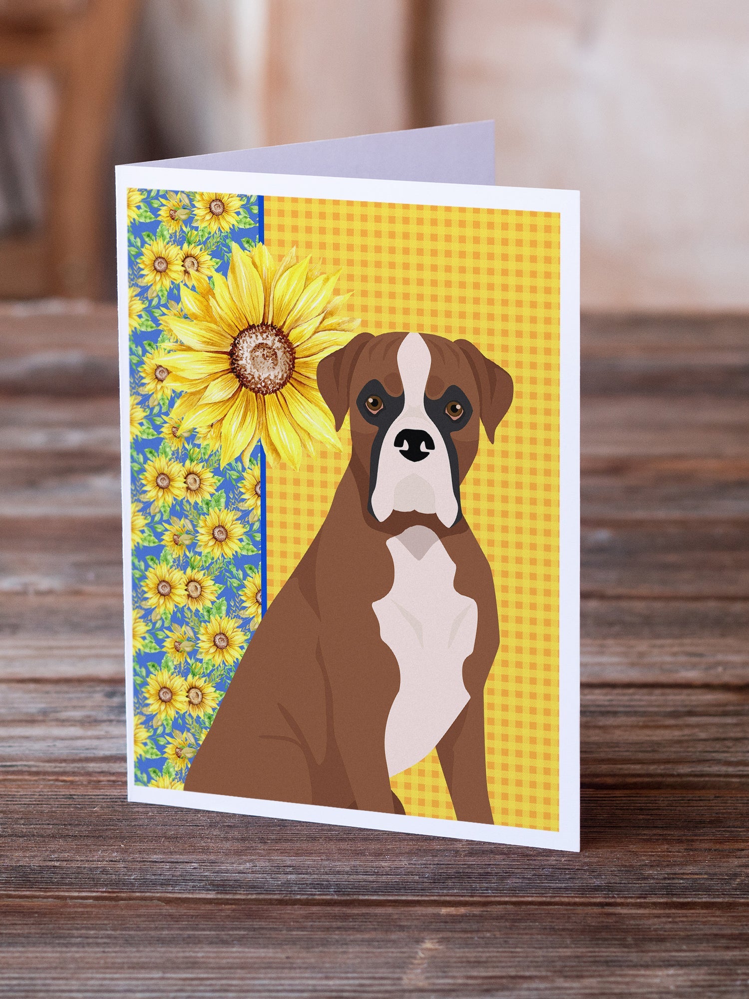 Summer Sunflowers Natural Eared Red Fawn Boxer Greeting Cards Pack of 8 Blank Cards with Envelopes Whimsical A7 Size 5x7