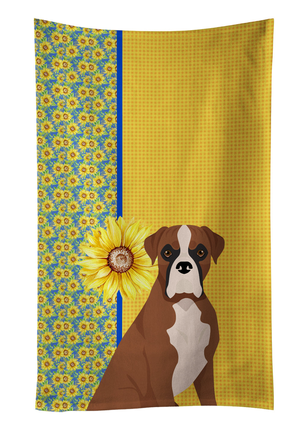 Summer Sunflowers Natural Eared Red Fawn Boxer Kitchen Towel Velour Plush Front and Cotton Loop Back Machine Washable