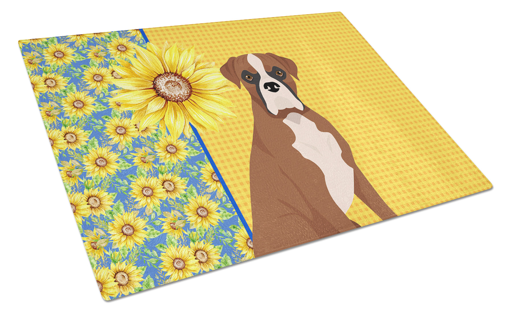 Summer Sunflowers Natural Eared Red Fawn Boxer Cutting Board Tempered Glass Kitchen Cutting Surface, Heat Resistant Chopping, Non-Slip Feet, Food Prep & Serving