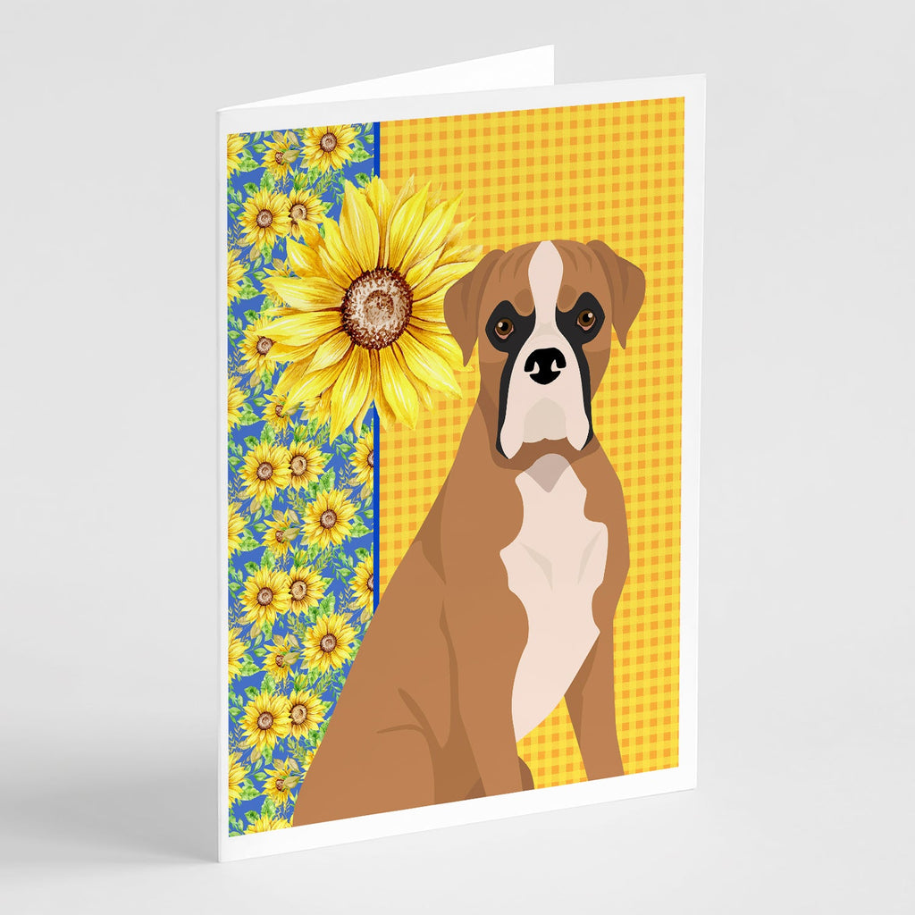 Summer Sunflowers Natural Eared Fawn Boxer Greeting Cards Pack of 8 Blank Cards with Envelopes Whimsical A7 Size 5x7
