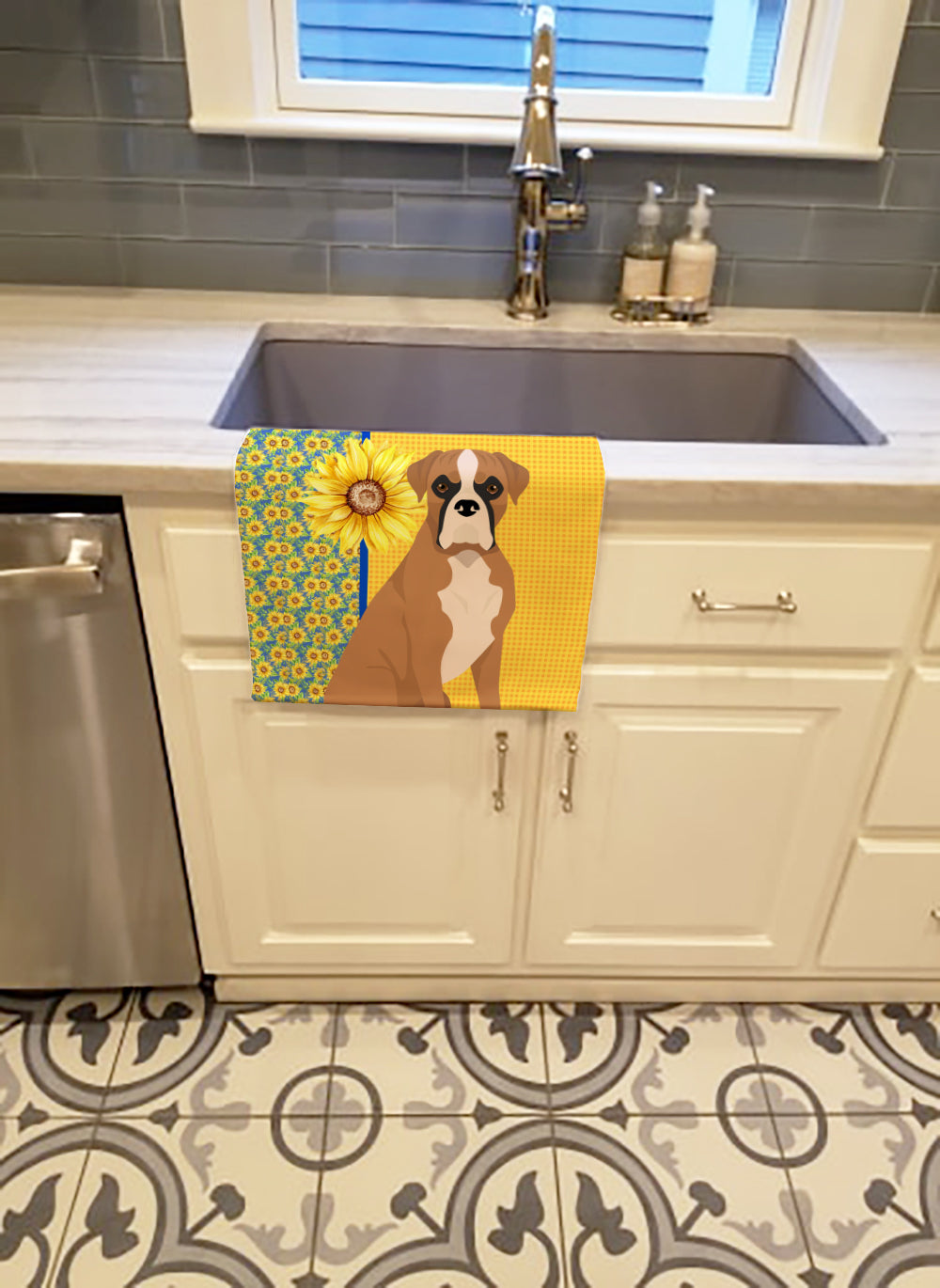 Summer Sunflowers Natural Eared Fawn Boxer Kitchen Towel Velour Plush Front and Cotton Loop Back Machine Washable