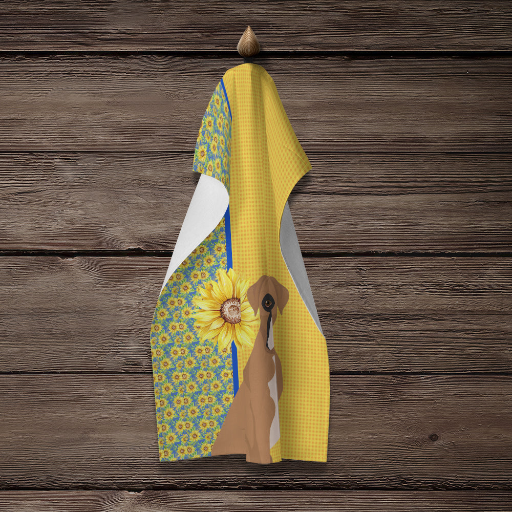 Summer Sunflowers Natural Eared Fawn Boxer Kitchen Towel Velour Plush Front and Cotton Loop Back Machine Washable
