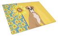 Summer Sunflowers Natural Eared Fawn Boxer Cutting Board Tempered Glass Kitchen Cutting Surface, Heat Resistant Chopping, Non-Slip Feet, Food Prep & Serving