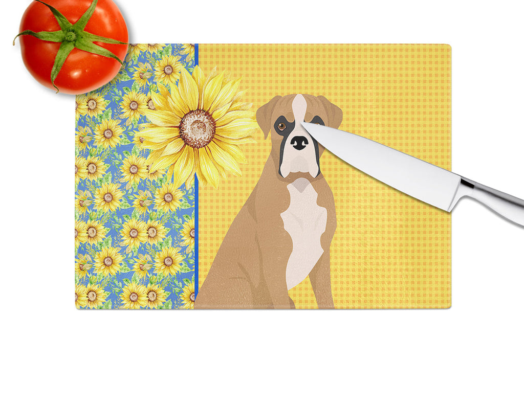 Summer Sunflowers Natural Eared Fawn Boxer Cutting Board Tempered Glass Kitchen Cutting Surface, Heat Resistant Chopping, Non-Slip Feet, Food Prep & Serving