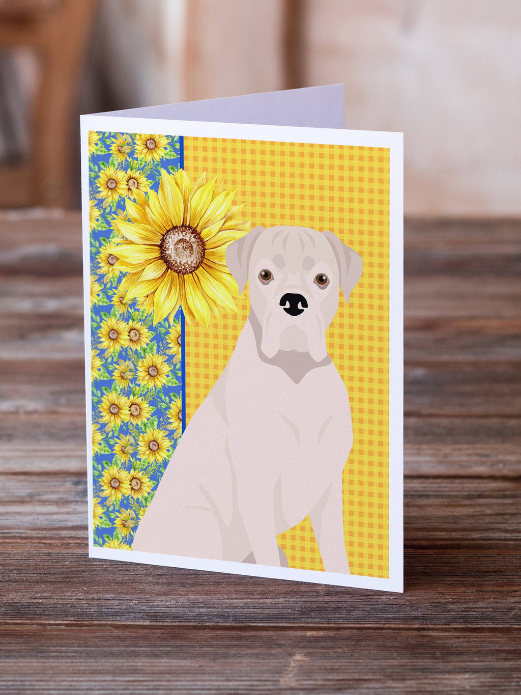Summer Sunflowers Natural Eared White Boxer Greeting Cards Pack of 8 Blank Cards with Envelopes Whimsical A7 Size 5x7