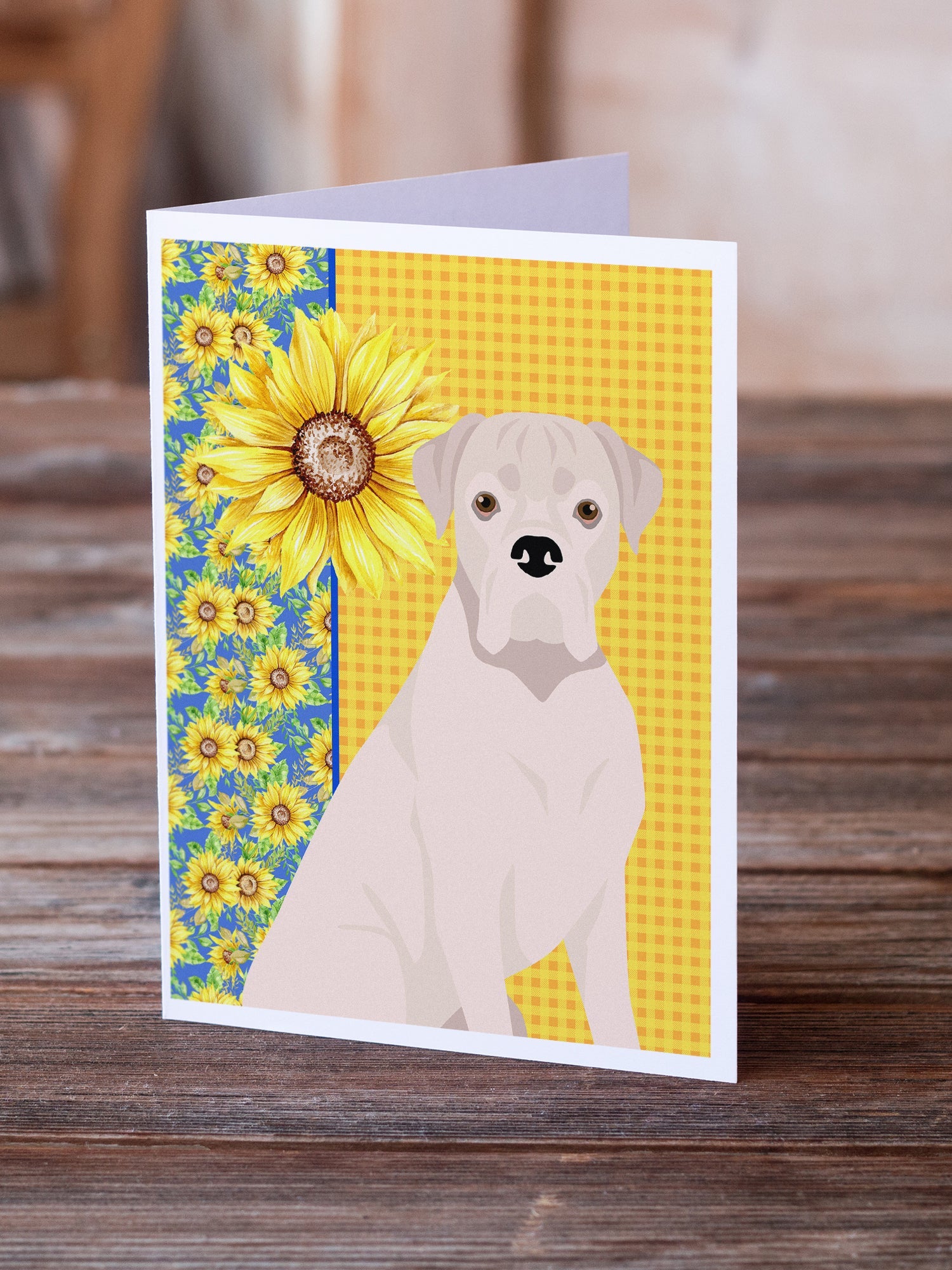 Summer Sunflowers Natural Eared White Boxer Greeting Cards Pack of 8 Blank Cards with Envelopes Whimsical A7 Size 5x7