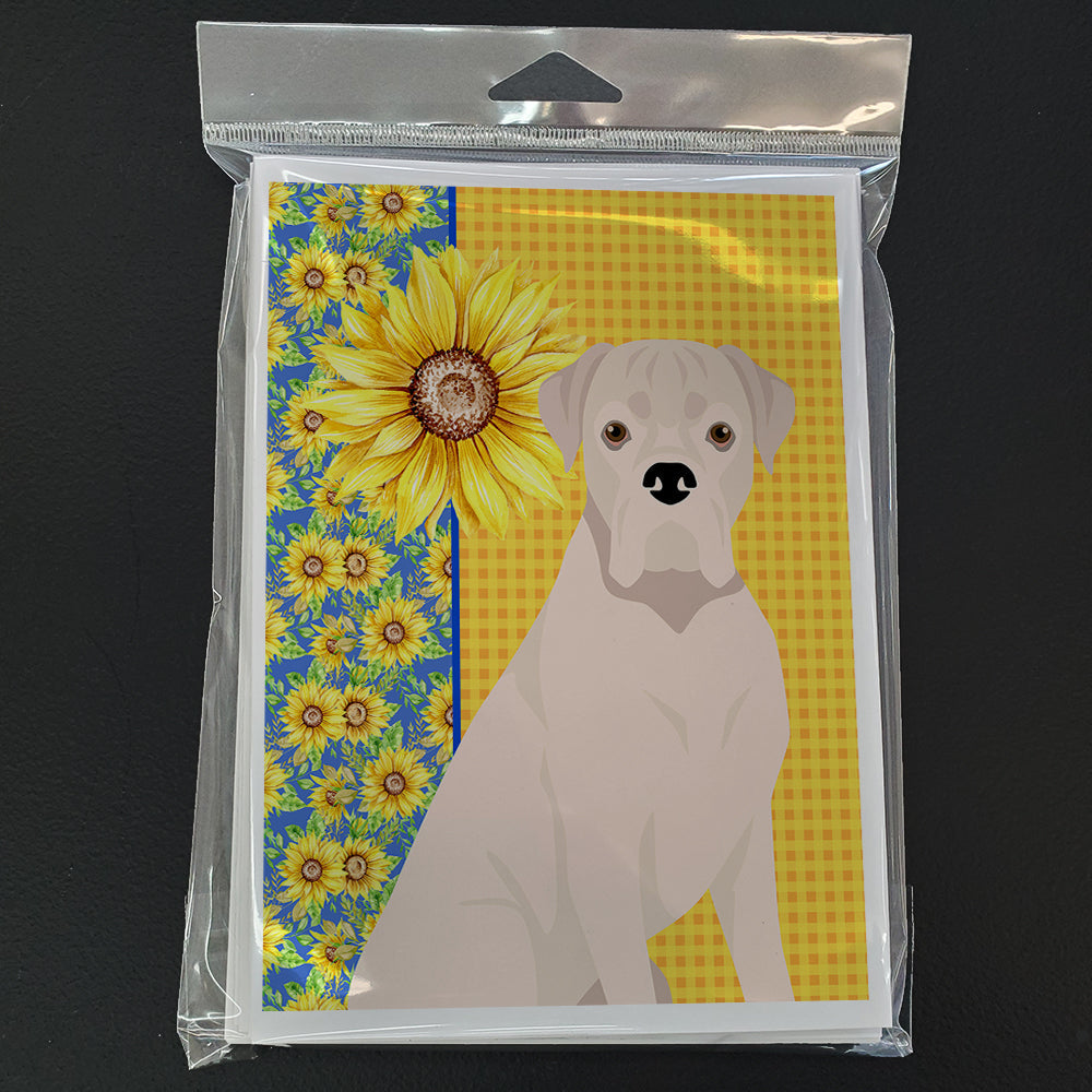 Summer Sunflowers Natural Eared White Boxer Greeting Cards Pack of 8 Blank Cards with Envelopes Whimsical A7 Size 5x7