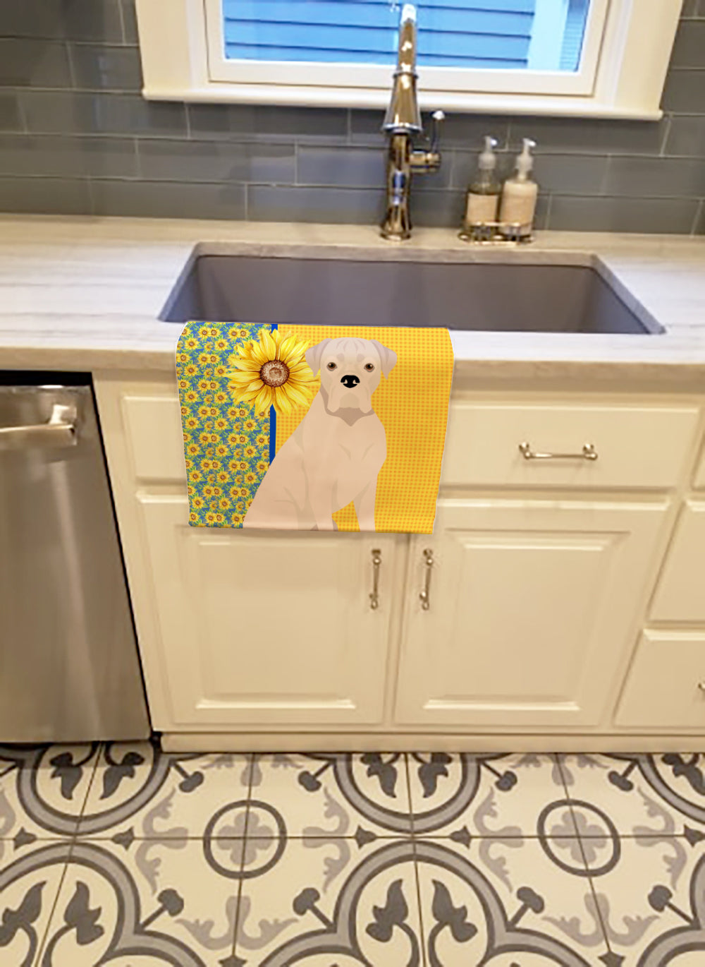 Summer Sunflowers Natural Eared White Boxer Kitchen Towel Velour Plush Front and Cotton Loop Back Machine Washable