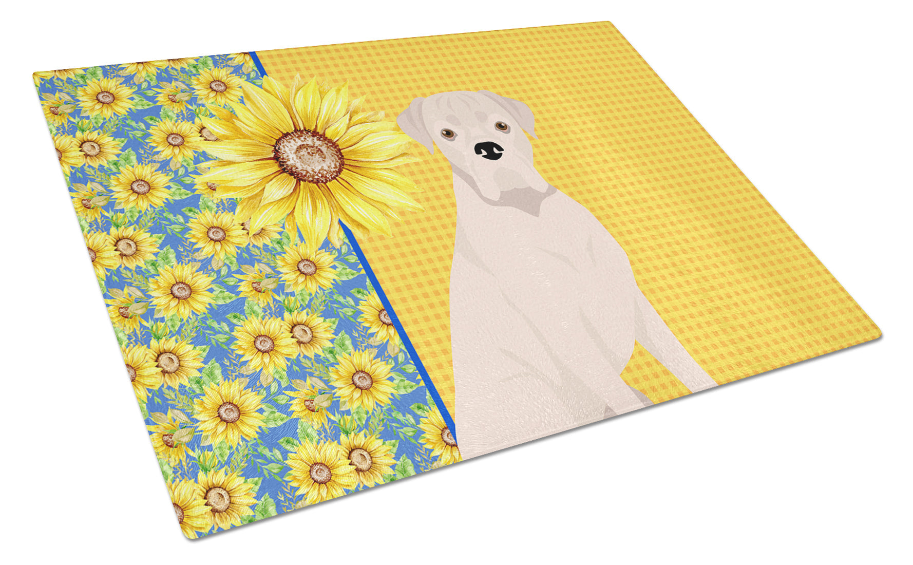 Summer Sunflowers Natural Eared White Boxer Cutting Board Tempered Glass Kitchen Cutting Surface, Heat Resistant Chopping, Non-Slip Feet, Food Prep & Serving